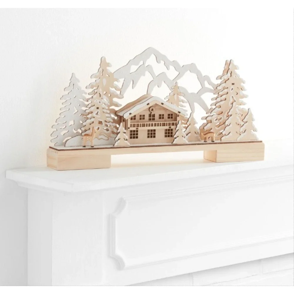 World Market Laser Cut Wood Mountain Chalet LED‎ Christmas Light Up Decor